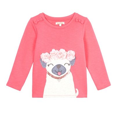 bluezoo Girls' pink pug and flower applique jumper